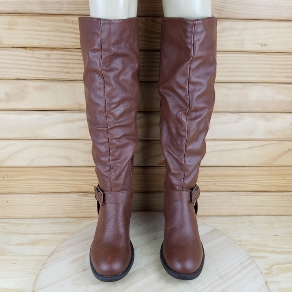 Apt 9 Knee High IRENE Fashion Boots Brown Cognac Faux Leather 1/4 Zip Women's 7W - Picture 2 of 12